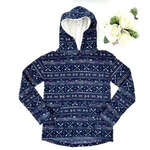 Mudd Girls Fleece Knit Hoodie Pullover Sz XXL (16) Navy Aztec Print Sherpa Hood